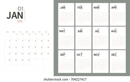 Vector del calendario del año nuevo 2018 en la mesa moderna estilo simple diseño y color pastel orgánico,Planificador de eventos de vacaciones,Semana empieza domingo,Tamaño A5