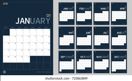 Vector of 2018 new year calendar set in clean minimal table simple style and navy blue color,Holiday event planner,Week Starts Sunday,A4 vertical size.