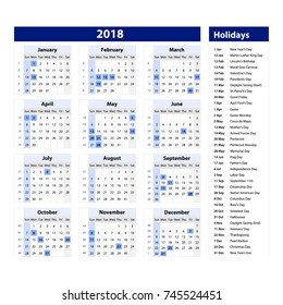 Vector of 2018 new year calendar and holidays. style and black and blue color, Holiday event planner, Week Starts Sunday. art