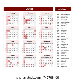 Vector of 2018 new year calendar and holidays. style red color, Holiday event planner, Week Starts Sunday. art