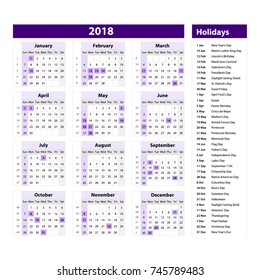 Vector of 2018 new year calendar and holidays. style violet color, Holiday event planner, Week Starts Sunday. art