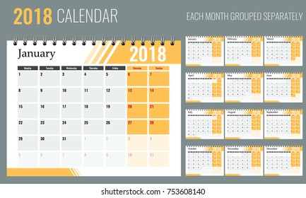 Vector of 2018 new year calendar in clean minimal table simple style with orange color. Holiday event planner.