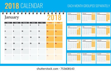 Vector of 2018 new year calendar in clean minimal table simple style with orange color. Holiday event planner.