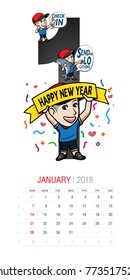 Vector of 2018 new year calendar in Format The Character Man Wearing Hat with Many Movements on Months in Calendar