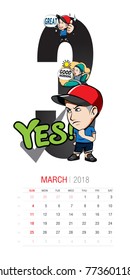 Vector of 2018 new year calendar in Format The Character Man Wearing Hat with Many Movements on Months in Calendar