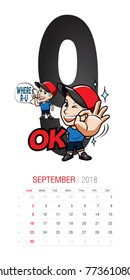 Vector of 2018 new year calendar in Format The Character Man Wearing Hat with Many Movements on Months in Calendar