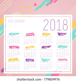 Vector of 2018 new year calendar template design, in clean minimalist simple style, modern, and square pattern background