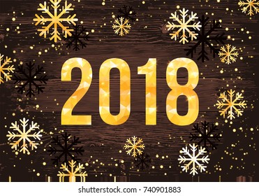 Vector 2018 New Year card with golden snowflakes on wooden background. 