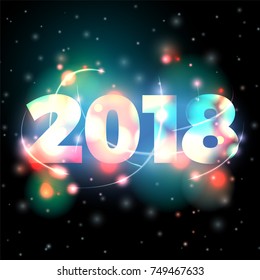 Vector 2018 New Year illustration on bright bokeh background with blurred lights.