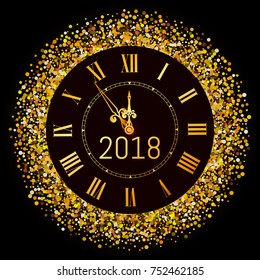 Vector 2018 shiny Merry Christmas and Happy new year 2017 gold clock with glitter frame. Vintage elegant luxury gold watch midnight New Year. Vector illustration EPS 10