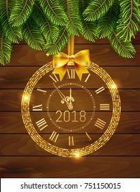 Vector 2018 shiny New Year Clock in gold disco circle frame on Christmas wood background with fir tree . Vintage elegant luxury gold clock midnight New Year. Vector illustration EPS 10