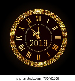 Vector 2018 shiny New Year Clock in gold disco circle frame. Vintage elegant luxury gold clock midnight New Year. Vector illustration EPS 10
