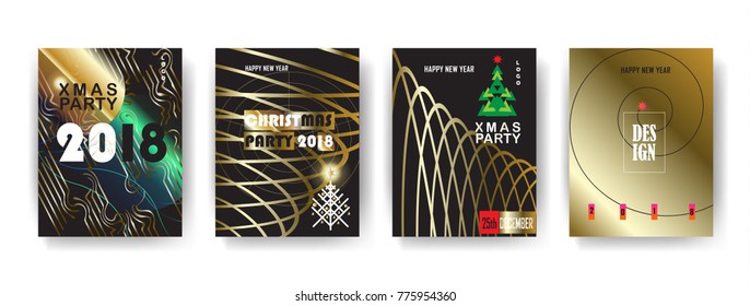 Vector 2018 Xmas and Happy New Year winter holiday party invitation, flyer, poster, brochure, set. Futuristic gold abstract geometric design, splash motion glow lights effect, Christmas fir tree, star