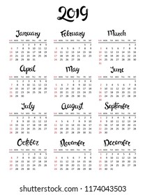 Vector 2019 annual monthly calendar design template in simple graphic style. Week starts on Sunday, highlighted Sundays. Hand drawn lettering. Name of months are written by hand calligraphy style