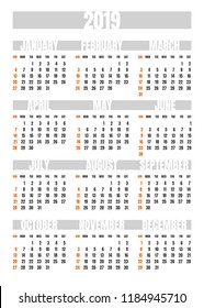 Vector 2019 annual monthly calendar design template in simple minimal graphic style. Week starts on Sunday, highlighted Sundays