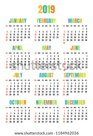 vector 2019 annual monthly calendar colorful stock vector royalty annual monthly calendar