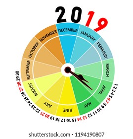 Vector 2019 calendar: April. Original calendar with the shape of a clock that indicates the month and the season of the year by color.