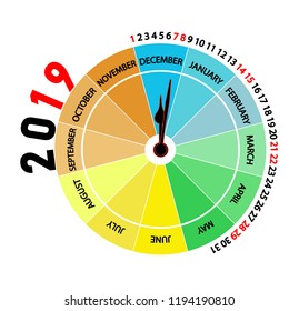 Vector 2019 calendar: December. Original calendar with the shape of a clock that indicates the month and the season of the year by color.