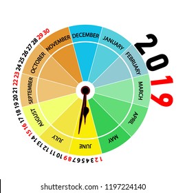Vector 2019 calendar: June. Original calendar with the shape of a clock that indicates the month and the season of the year by color.