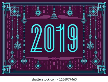 Vector 2019 Christmas banner modern typography and new year toys art deco neon style on holiday background for poster, greeting card, invitation, party, flyer, sale. 10 eps