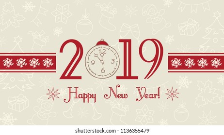 Vector 2019 Happy New Year background, web banner, text label with snowflakes. Winter theme doodles illustration.Greeting card template, flat pastel design.