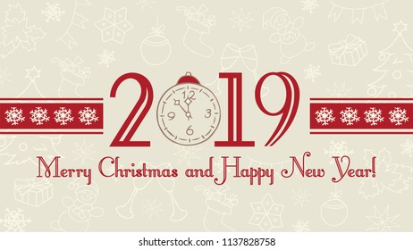 Vector 2019 Happy New Year and Merry Christmas background, web banner, text label with snowflakes. Winter theme doodles illustration.Greeting card template, flat pastel design.