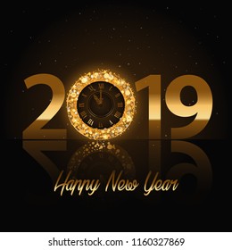 Vector 2019 Happy New Year background with gold clock