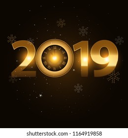 Vector 2019 Happy New Year background with gold clock