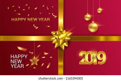 Vector 2019 Happy New Year background with golden gift bow and glitter