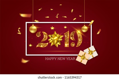 Vector 2019 Happy New Year background with golden gift bow and glitter