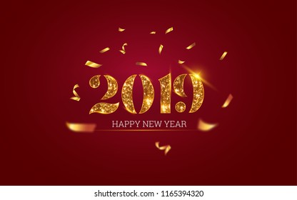 Vector 2019 Happy New Year background with golden glitter number