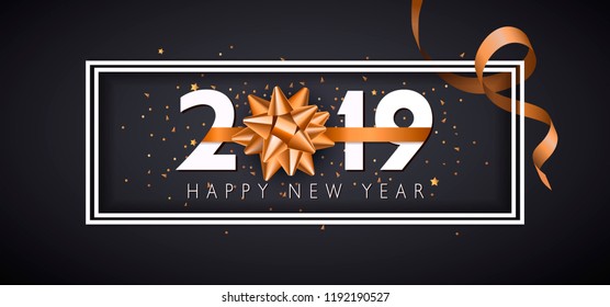 Vector 2019 Happy New Year background with golden gift bow