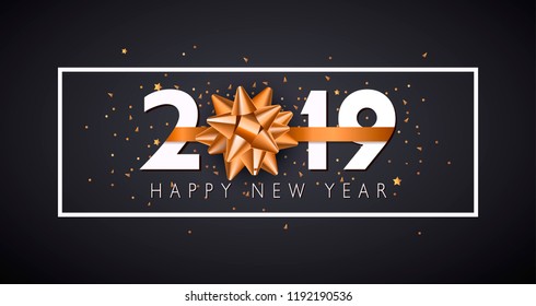 Vector 2019 Happy New Year background with golden gift bow