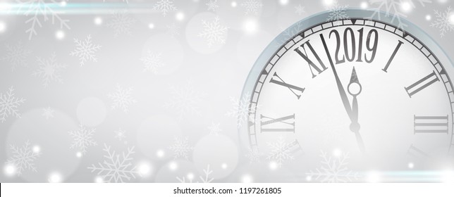 Vector 2019 Happy New Year with retro clock on gray snowflakes background, for your copy space.