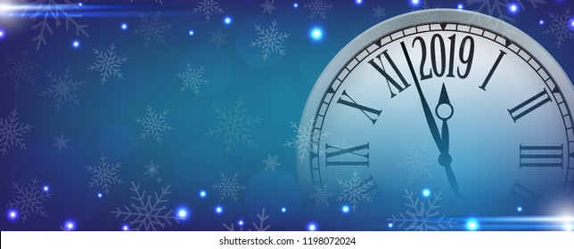 Vector 2019 Happy New Year with retro clock on snowflakes blue background, for your copy space.