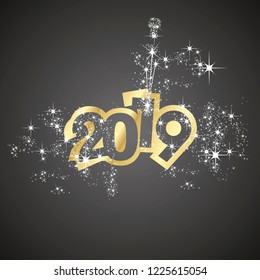 Vector 2019 Happy New Year champagne firework gold black background