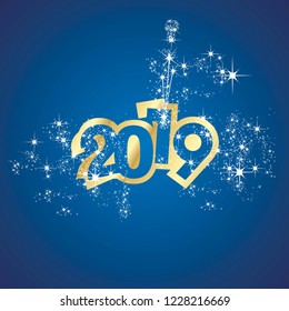 Vector 2019 Happy New Year champagne firework gold blue background