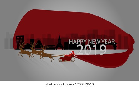 Vector 2019 Happy New Year background.The backdrop is a city with dimensions.Santa Claus Litter Bag Big Gift Box with Reindeer.