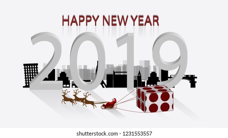 Vector 2019 Happy New Year background.The backdrop is a city with dimensions.Santa Claus Litter Bag Big Gift Box with Reindeer. Cute gift box