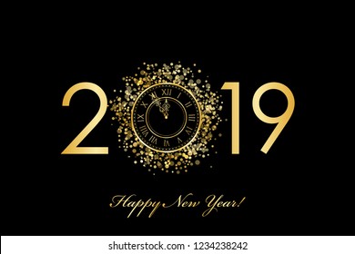 Vector 2019 Happy New Year background with gold clock on black