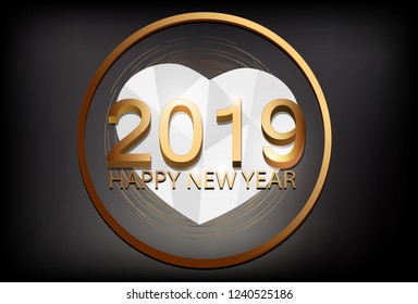 Vector 2019 happy new year. White heart is laid back. Golden circle frame.eps10