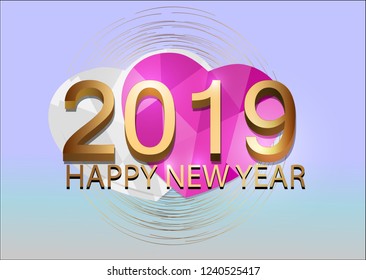 Vector 2019 happy new year. White and pink heart is laid back. Golden circle frame.