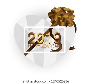 Vector 2019 happy new year. White heart is laid back. Gold ribbon