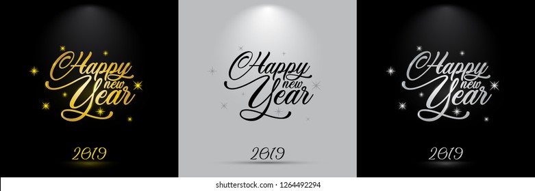 Vector 2019 Happy New Year background with golden calligraphy Text - Vector 2019 hand written lettering with golden stars on a black background. Happy New Year card design. Vector illustration EPS