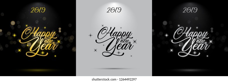 Vector 2019 Happy New Year background with golden calligraphy Text - Vector 2019 hand written lettering with golden stars on a black background. Happy New Year card design. Vector illustration EPS