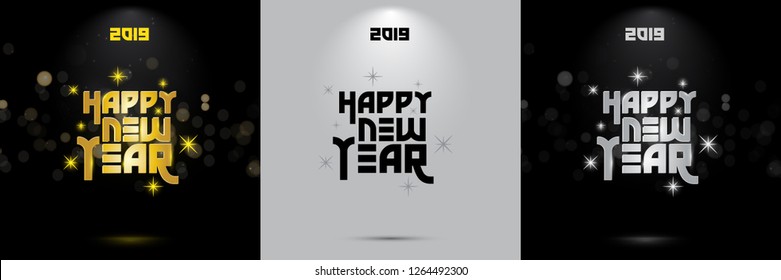 Vector 2019 Happy New Year background with golden war Text - Vector 2019 hand written lettering with golden stars on a black background. Happy New Year card design. Vector illustration EPS