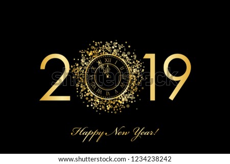 Vector 2019 Happy New Year background with gold clock on black