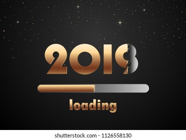Vector 2019 New Year Black background with gold glitter confetti splatter texture. Festive premium design template for holiday greeting card, invitation, calendar poster, banner