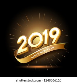 Vector 2019 New Year Black background with gold firework. Festive premium design template for holiday greeting card, invitation, calendar poster, banner