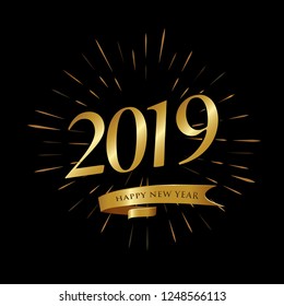 Vector 2019 New Year Black background with gold firework. Festive premium design template for holiday greeting card, invitation, calendar poster, banner
